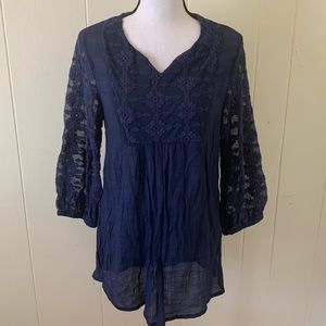 Indigo Soul Navy Blue Boho Lace Top M Medium